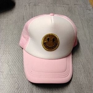 Pink and White Trucker Hat with Smiley Face